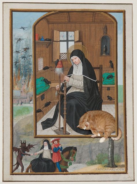 Gertrude Of Nivelles, Patron Saint Of Cats, St Gertrude, Cat Stain, Carnegie Museum Of Art, Book Of Hours, Medieval Art, Patron Saints, Middle Ages