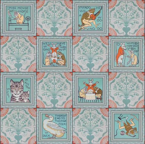 Vintage nursery rhyme wallpaper - now reproduced by Bradbury & Bradbury - Victorian Ceiling, Arts And Crafts Wallpaper, Fabric Doll House, Classic Nursery, Classic Nursery Rhymes, Art Deco Fabric, Victorian Wallpaper, Victorian Wall, Retro Renovation