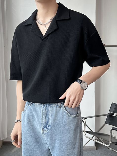 Men Solid Drop Shoulder Polo Shirt Black Polo Outfit, Black Shirt Outfit Men, Polo Outfit Men, Polo Shirt Outfit Men, Black Shirt Outfits, Korean Street Fashion Men, Polo Shirt Outfits, Polo Outfit, Shirt Outfit Men