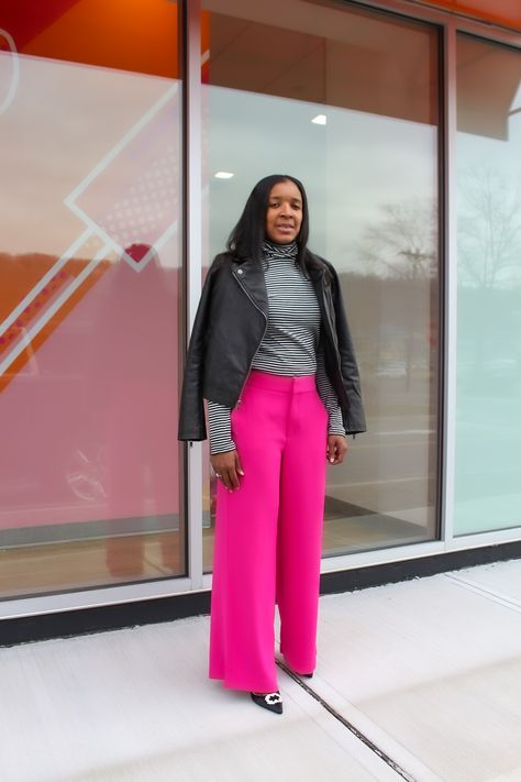 Love these Banana Republic hot pink wide leg pants, styled with stripe turtleneck from jcrew, faux leather moto jacket from target, and Badgley Mischka shoes. Love it or like it? #itsbanana #style #hotpinkpants #widelegpants #fashion #style Hot Pink Fall Outfits, Pink Wide Leg Pants Outfit, Hot Pink Blazer Outfit, Pink Fall Outfits, Pink Wide Leg Pants, Pink Blazer Outfit, Hot Pink Pants, Wide Leg Pants Outfit, Hot Pink Blazers