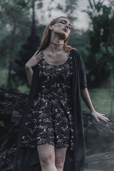 Goth Sundress Outfit, Goth Sundress, Casual Goth Outfits Summer, Spooky Tiki, Goth Botanical, Dark Cottagecore Fashion, Dark Academia Dress, Beach Goth, Witchy Dress