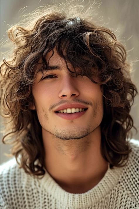 The curly shag is making a comeback, giving off a retro yet timeless charm. It's defined by its layered cut, creating a playful and dynamic look that works with your hair's natural bounce. Click here to see more long hairstyles for men. Men Long Curly Hairstyles, Men's Long Hairstyles Wavy, Haircut Layers, Curly Shag, Long Hairstyles For Men, Long Curly Hair Men, Mens Hairstyles Curly, Guy Haircuts Long, Men's Long Hairstyles