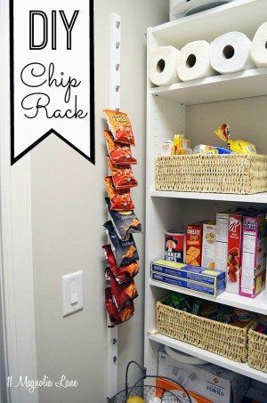 DIY chip rack maximizes vertical wall space in a pantry | 11 Magnolia Lane Pantry Organization Hacks, Pantry Redo, Creative Cabinet, Small Pantry Organization, Perfect Pantry, Small Pantry, Kitchen Organization Pantry, Astuces Diy, Pantry Shelf