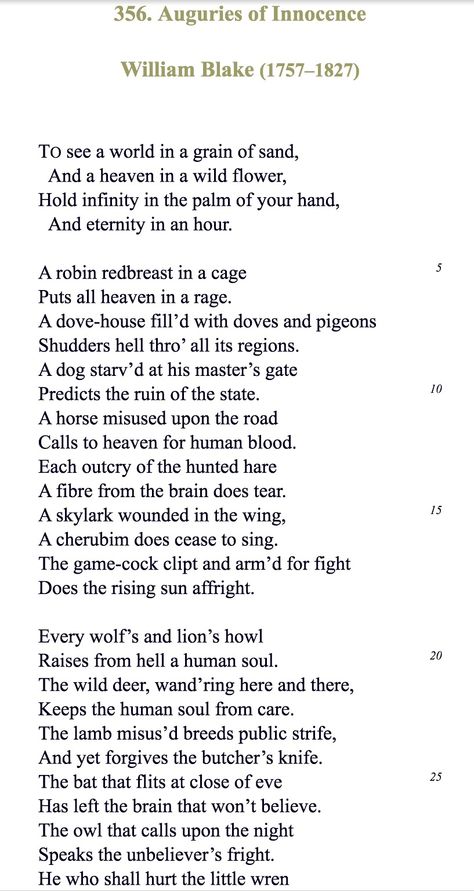 Excerpt from "Auguries of Innocence" by Blake Auguries Of Innocence By William Blake, Blake Poetry, Poem William Shakespeare, London William Blake Poem Analysis, Age Of Innocence Book, Poems By William Shakespeare, William Blake Songs Of Innocence, Narrative Poetry, English Poem