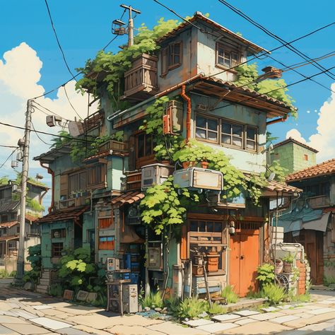 Solarpunk Architecture, Studio Ghibli Background, 3d Environment, Building Illustration, Building Concept, Architecture Drawing Art, Architectural Sketch, Building Art, Fantasy House