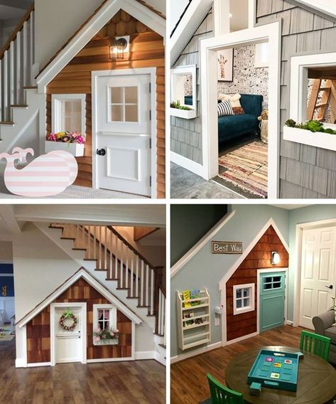 Do the kids need a little more room to play? You can turn the wall space under the stairs into a little playhouse! How cute is this? Under Stairs Playhouse, Under Stairs Playroom, Under Stairs Dog House, Space Under The Stairs, Under Stairs Nook, Room Under Stairs, Stair Nook, Bedroom Basement, Under The Stairs