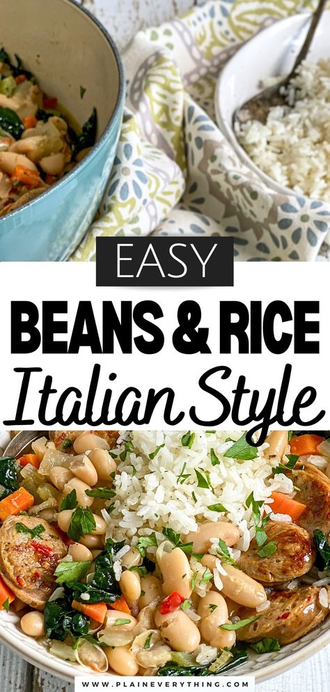 Italian Beans & Rice | Easy Budget Friendly Meal Italian Rice And Beans, Authentic Rice And Beans, Mediterranean Beans And Rice, Dried Bean Recipes Meals, Mediterranean Beans, Beans And Rice Recipes, Pinto Beans And Rice, Rice Casseroles, Rice With Sausage