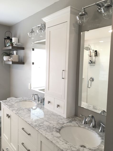 Master Bath With Vanity Double Sinks, Dual Medicine Cabinets, Double Vanity With Medicine Cabinets, Double Vanity Next To Toilet, Double Vanity Medicine Cabinet Ideas, Double Medicine Cabinet Bathroom Mirrors, Double Vanity One Mirror, Bathroom Double Vanity Ideas, Custom Medicine Cabinet