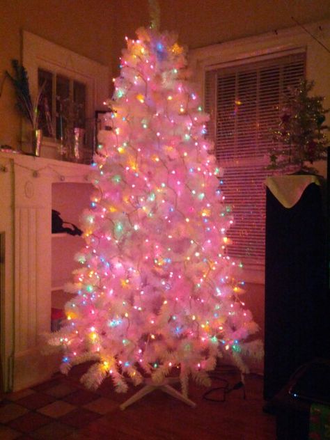 Our white Christmas tree with colored lights before the ornaments went on. Could be pretty enough to leave it like it is! Christmas Tree With Colored Lights, Tree With Colored Lights, Christmas Tree Colored Lights, Christmas Tree With Coloured Lights, A Pink Christmas, Christmas Tree Images, Fake Christmas Trees, Aluminum Christmas Tree, Colored Lights