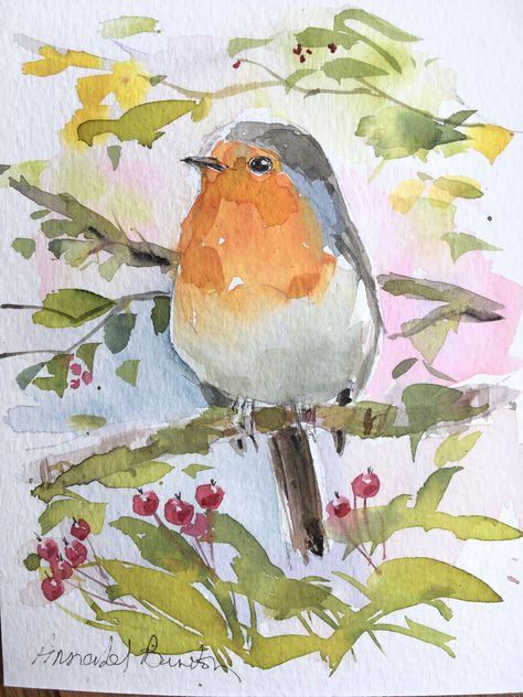 Robin Watercolour Painting, Watercolour Birds Simple, Watercolor Birds Paintings, Robin Watercolour, Watercolour Robin, Bird Watercolor Art, Watercolour Bird, Birch Tree Painting, Watercolor Art Landscape