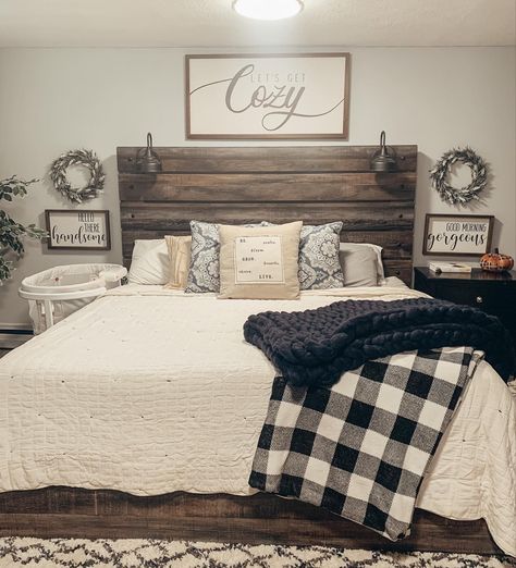 Dark Wood Bed Frame Room Ideas Rustic, Farmhouse Couples Bedroom, Rustic Master Bedrooms Decor, Farmhouse Master Bedrooms Decor, His And Hers Bedroom Ideas, Bed Rooms Ideas For Couples, White Rustic Bedroom, Dark Wood Bed Frame, Bedroom Upgrades