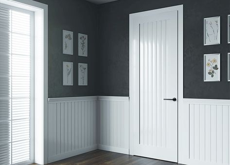 Half Wall Beadboard Wainscoting, White Wall Office, Wainscoting Wall Paneling, Wainscoting Wall, White Beadboard, Beadboard Wainscoting, Wall Office, Navy Walls, Primary Bedroom