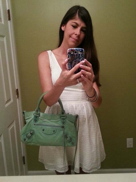 #OOTD Outfit of the Day- with my 2004 seafoam #Balenciaga first bag :-) Balenciaga First Bag, Balenciaga First, Balenciaga Bag, Coach Swagger, City Bag, One Bag, Balenciaga City Bag, Ootd Outfit, East Side