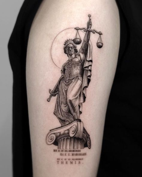 Lady Justice Tattoo, Nemesis Tattoo, Law Tattoo, Geometric Tattoo Sleeve Designs, Justice Tattoo, Arm Tattoos Drawing, Freedom Tattoos, Engraving Tattoo, Scale Tattoo