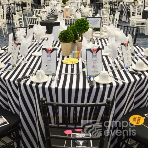 Black Round Table, Topiary Centerpieces, White Table Settings, White Overlay, Table Overlays, Striped Table, Table Set Up, Round Table Covers, Black And White Decor