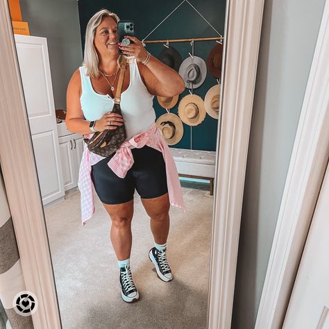 Plus Size Biker Shorts Outfit, Pink Sneakers Outfit, Converse Outfit Summer, Summer Tank Top Outfits, Bike Shorts Outfit, Shorts And Converse, Shein Basics, Pink Plaid Shirt, Biker Shorts Outfit