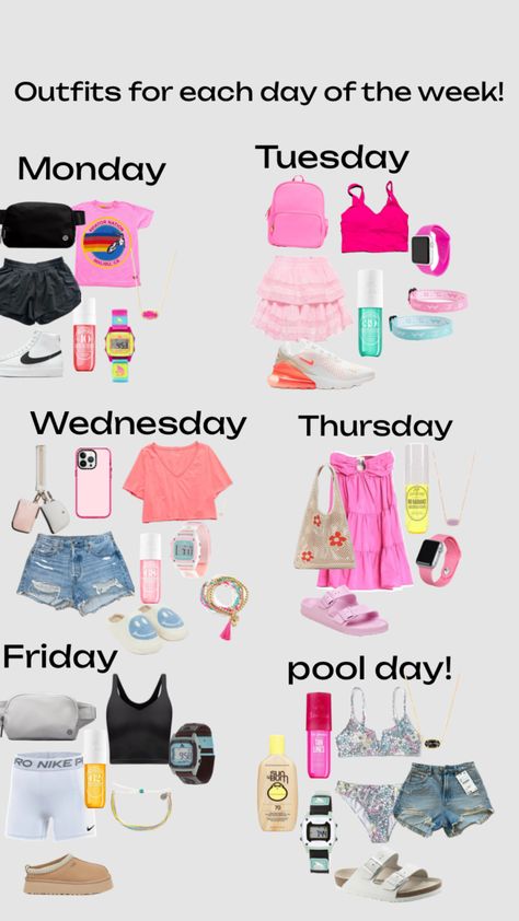 outfits for each day of the week! summer addition (ofc)🫶🏻 Back To School Supplies, Pool Days, Day Of The Week, Cute Everyday Outfits, Tan Lines, Cute Fits, Preppy Outfits, Each Day, Everyday Outfits