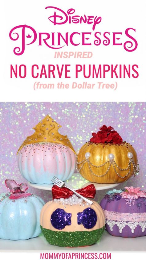 Disney Princess Pumpkins | Cheap & Easy No Carve Pumpkin Ideas Princess Pumpkins, Pumpkin Painting Ideas Disney, Painting Ideas Disney, No Carve Pumpkin Ideas, Disney Pumpkin Painting, Princess Pumpkin, Pumpkin Decorating Contest, No Carve Pumpkin Decorating, Dollar Tree Pumpkins