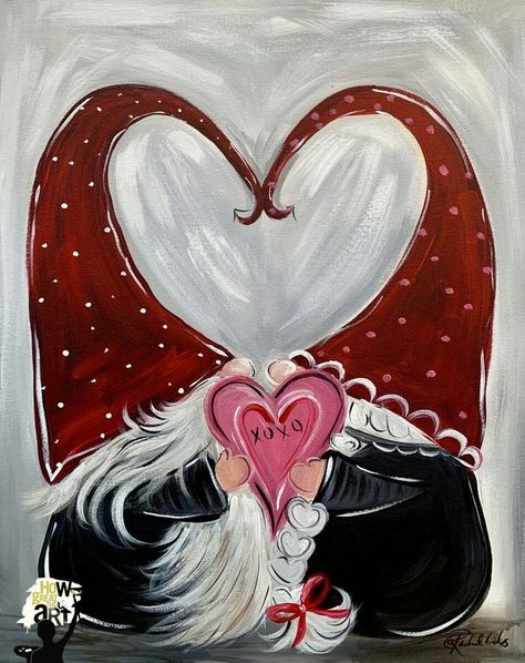 Couples Christmas Painting Ideas, Valentine's Painting On Canvas, Valentine Day Canvas Painting, Easy Gnome Paintings On Canvas, Valentine Day Painting Ideas Canvases, Valentine’s Painting Ideas, February Painting Ideas, Valentine Gnome Painting, Valentine Day Painting