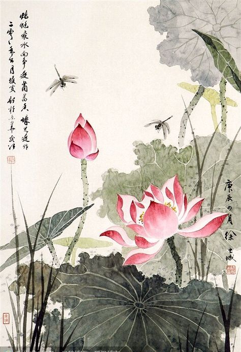 Lotus Chinese Painting, Lotus Flower Pictures, Lotus Flower Art, Japanese Art Styles, Chinese Art Painting, Japanese Drawings, Japanese Art Prints, Japanese Artwork, Asian Painting