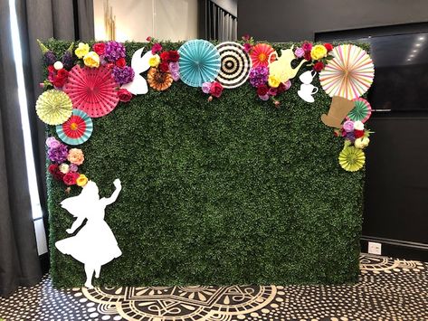 Alice in Wonderland themed photo booth backdrop by Adorn Event Hire Alice In Wonderland Photo Booth Backdrop, Mad Hatter Backdrop, Alice In Wonderland Photobooth, Alice In Wonderland Backdrop, Event Table Decor, Boxwood Backdrop, Alice In Wonderland Garden, Alice In Wonderland Flowers, Alice In Wonderland Decorations