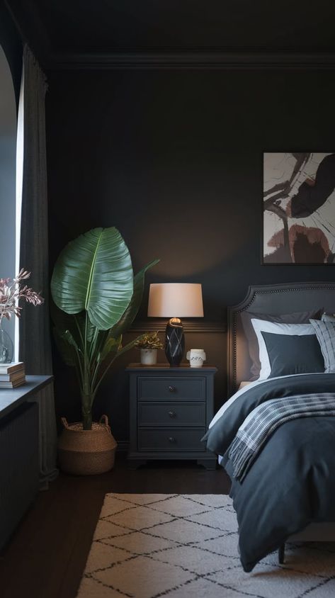 40+ Splendid Moody Bedroom Ideas for a Tranquil Sanctuary Bedroom Ideas With Black Accent Wall, Black Bedroom Wall Ideas, Black Bedroom Accent Wall, Black Accent Bedroom, Matte Black Accent Wall, White And Grey Bedroom Ideas, Black Accent Wall Bedroom, All Black Room, White And Grey Bedroom