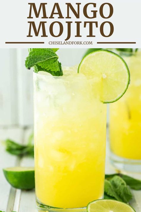 By adding some fresh mango, this mango mojito gives a fun tropical twist on a classic drink. #mangomojito #mojito #cocktail | chiselandfork.com Mango Mojito Recipe, Easy Mojito Recipe, Mango Cocktail, Mango Drinks, Mango Mojito, Mojito Cocktail, Mojito Recipe, Refreshing Summer Drinks, Mango Puree