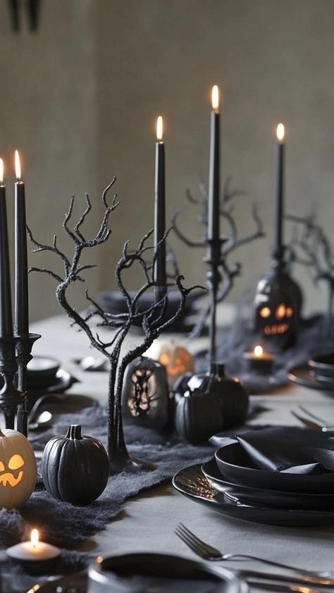 Craft a whimsical Halloween table that delights guests of all ages. Cover your table with a striped orange and black tablecloth. Create a playful centerpiece using a stack of colorful pumpkins topped with a witch's hat. Scatter candy corn and plastic spiders for a fun touch. Use bright orange plates with black cat silhouettes and green goblets resembling witch's brew. Add personalized trick-or-treat bags filled with goodies as place settings for a sweet surprise. Green Goblets, Colorful Pumpkins, Orange Plates, Pumpkin Stack, Black Tablecloth, Black Cat Silhouette, Halloween Table Decorations, Whimsical Halloween, Witch's Brew