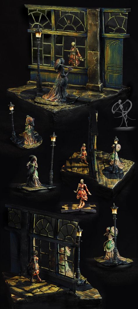 Malifaux Terrain, Lighting Scene, Halloween Diorama, Halloween Shadow Box, Dnd Minis, Miniature Bases, Miniature Gaming, Book Sculpture, Wargaming Terrain