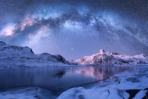 Milky Way Mountains, Winter At Night, Frozen Ocean, Snow Mountain Landscape, Ice Landscape, Mountains In Winter, Blue Starry Sky, Snow Covered Mountains, Inspirational Pics