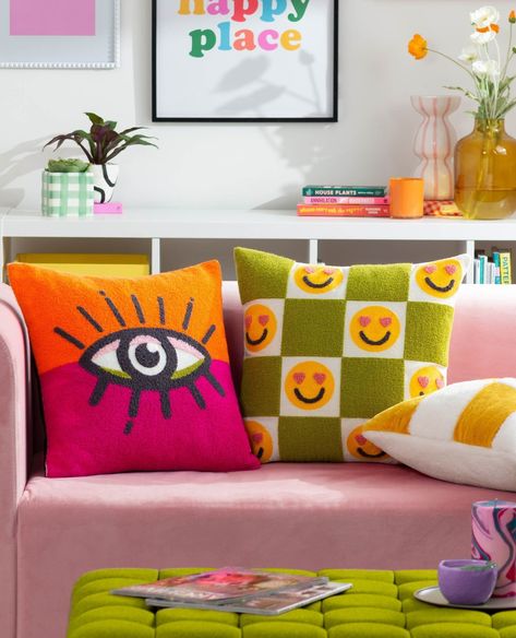 boost your home's happiness with our dopamine decor inspired cushions! 🌈 ⁠ ⁠ quirky shapes, bright colours, and playful prints – your sofa never looked this fun! �⁠ ⁠ ⁠ #homedecor #interiordesign #cushions #sofa #livingroom #lounge Abstract Applique, Stone Wall Art, Checked Cushions, Check Design, Furnishings Design, Boucle Fabric, Smiley Faces, Fabric Accessories, Cushion Pattern