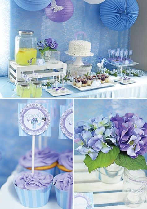 Purple Hydrangea Centerpieces, Hydrangea Centerpieces, Birthday Party Blue, Princesa Sophia, 70th Birthday Party, Spring Butterfly, Purple Hydrangea, Hydrangea Centerpiece, Purple Party