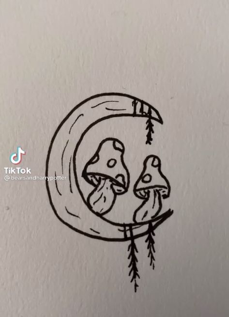 Cute Doodles Easy Aesthetic Mushroom, Moon And Mushroom Drawing, Cute Mushroom Drawing Easy, Mushroom Drawings Easy, Mushroom Doodle Easy, Things To Draw On My Hand, Drawing Ideas Mushrooms, Easy Mushroom Drawing, Mushroom Doodle