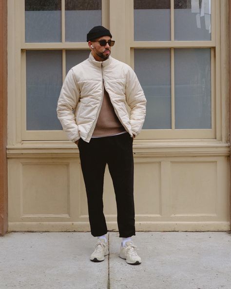 Puffer jacket Cream Puffer Jacket Outfit Men, Cream Shoes Outfit Men, Cream Jacket Outfit Men, Cream Shoes Outfit, Beige Puffer Jacket Outfit, Cream Jacket Outfit, Cream New Balance, Beige Jacket Outfit, New Balance Beige