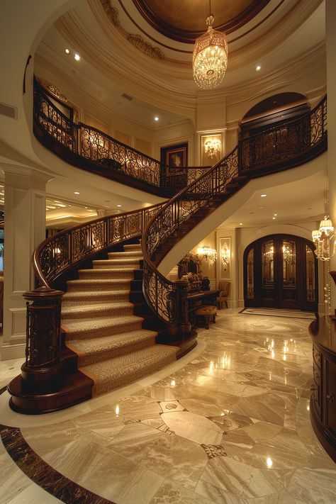 🦄 Dream Home Staircase, Big Mansion Inside, Type Of Homes Styles, Mansion Inside Aesthetic, Mansion House Aesthetic, Spanish Houses Inside, Big Home Aesthetic, Rich Staircase, Saltburn House Interior