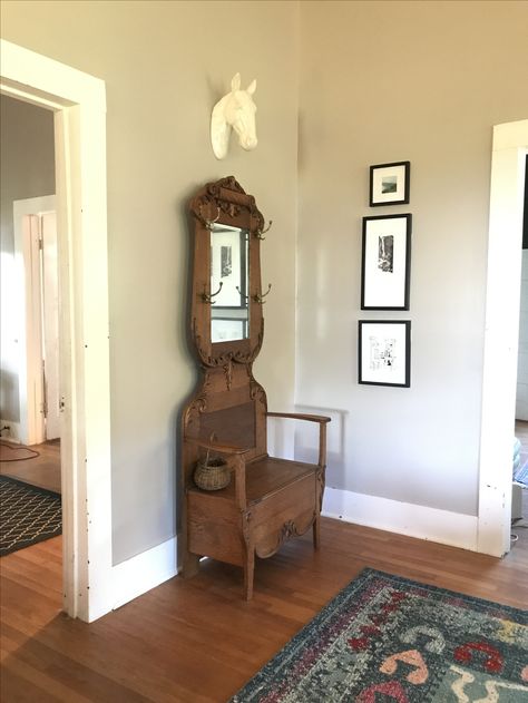 Foyer With Hall Tree, Hall Tree Antique, Antique Hall Tree Decorating Ideas, Antique Hall Tree Entryway, Foyer Styling, 100 Year Old Farmhouse, Dark Maximalism, Antique Hall Tree, Hall Trees