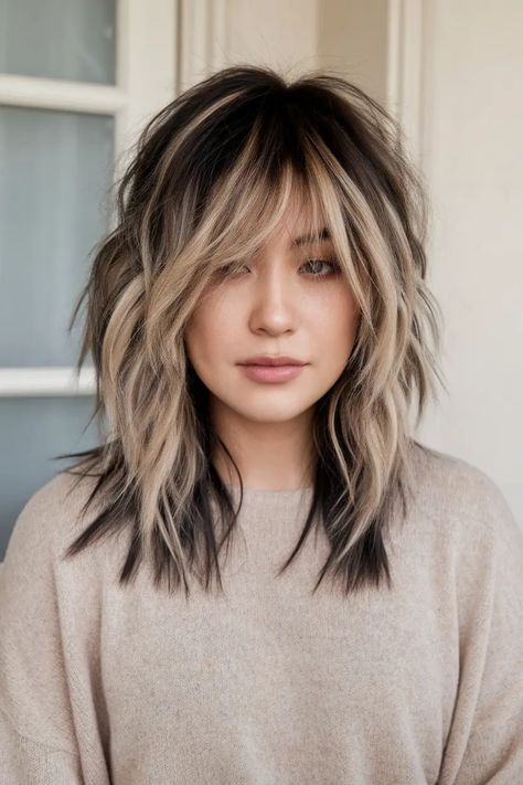 Woman with layered, shoulder-length hair featuring dark roots and blonde highlights. Shoulder Length Funky Hairstyles, Textured Haircut Long Hair, Heavy Shag Haircut, Hair Color Ideas Chunky Highlights, Moneypiece Hair With Bangs, Bold Highlights For Brown Hair, Elder Emo Hairstyles, Blonde Hair 2025 Trends, Long Later With Face Framing Hair