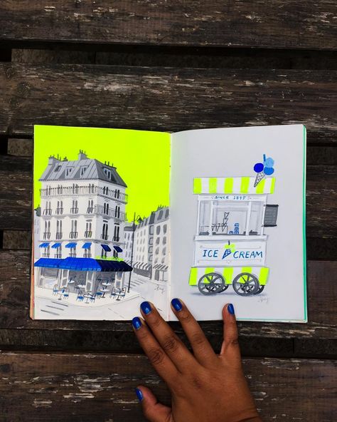 JustNoey, Paris memories (in grey nd neon) — gouache Venue Sketch, Graphic Novel Art, Art Diary, London Town, Doodle Sketch, Sketchbook Journaling, Sketchbook Inspiration, Urban Sketching, First Week