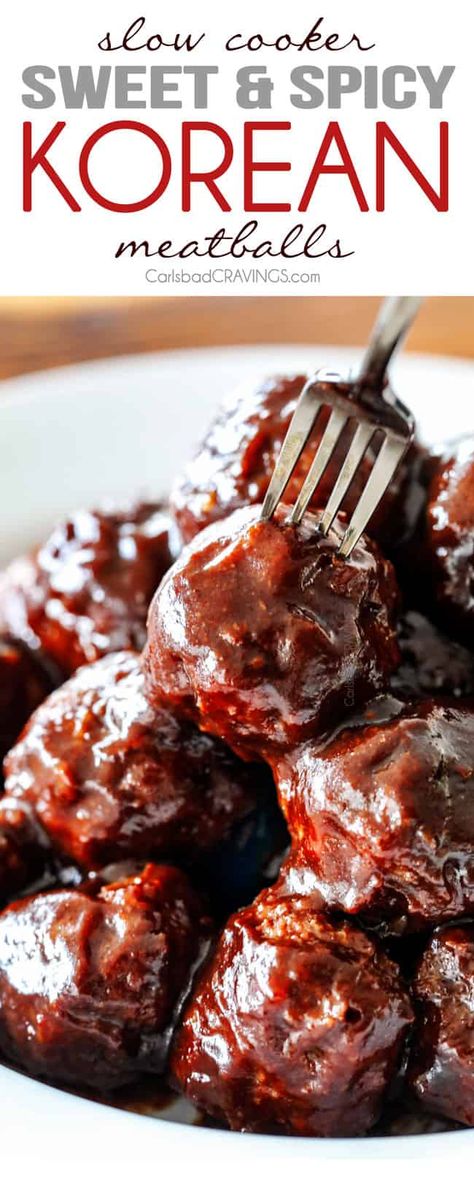 Tender juicy, sweet and spicy Slow cooker Korean Meatballs simmered in the most tantalizing sweet heat sauce that everyone goes crazy for! Perfect appetizer or delicious, easy meal with rice! Korean Meatballs Recipes, Sweet Heat Sauce, Meal With Rice, Korean Meatballs, Slow Cooker Rice, Carlsbad Cravings, Make Ahead Appetizers, How To Cook Meatballs, Spicy Korean