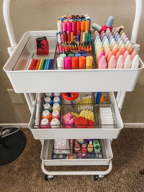 Craft Room Playroom Combo, Office Playroom Combo, Kids Craft Storage, Kids Crafts Organization, Small Playroom, Craft Cart, Arts And Crafts Storage, Art Supplies Storage, Art Supply Organization