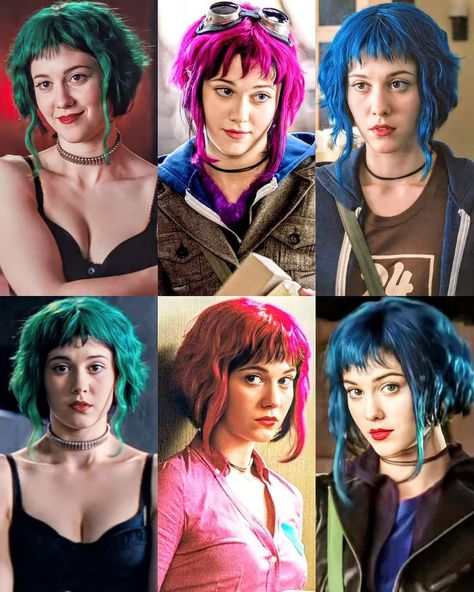 Ramona Flowers Scott Pilgrim Vs The World, Ramona Flowers Hair Colors, Ramona Flowers Cartoon, Ramona Scott Pilgrim Movie, Mary Elizabeth Winstead Scott Pilgrim, Scott Pilgrim Haircut, Ramona Flowers Makeup, Short Hair Cosplay Characters, Ramona Flowers Bag