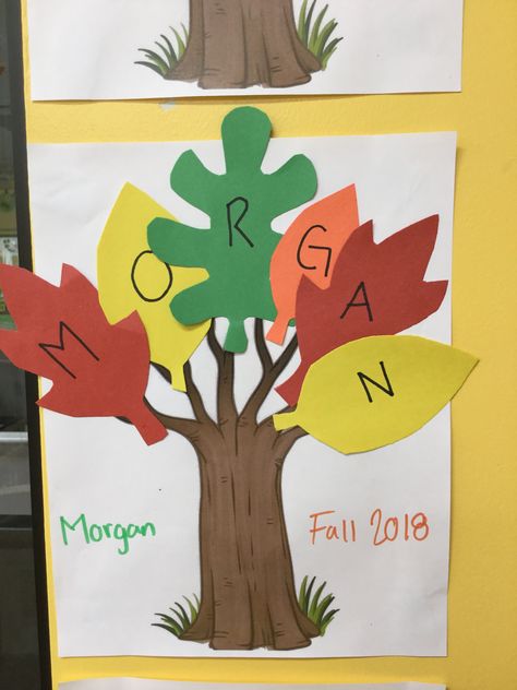 Fall name tree Fall Changes Crafts, Prek Trees Activities, Tree And Leaves Preschool, Tree Related Activities Preschool, Tree Literacy Activities Preschool, Fall Name Tree Craft, Leaves Curriculum Preschool, October Name Crafts Preschool, Fall Themed Art Projects For Preschool