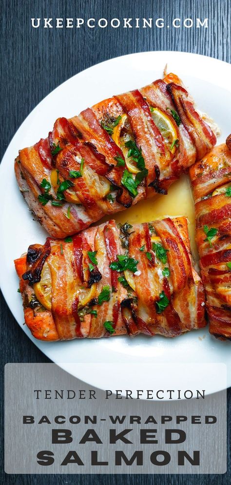 Crispy Salmon Recipe, Bacon Wrapped Salmon, Bacon Salmon, Salmon Recipe Pan, Bacon Pasta Recipes, Salmon Dinner Recipes, Christmas Side Dish Recipes, Bacon Dinner, Bacon Dishes