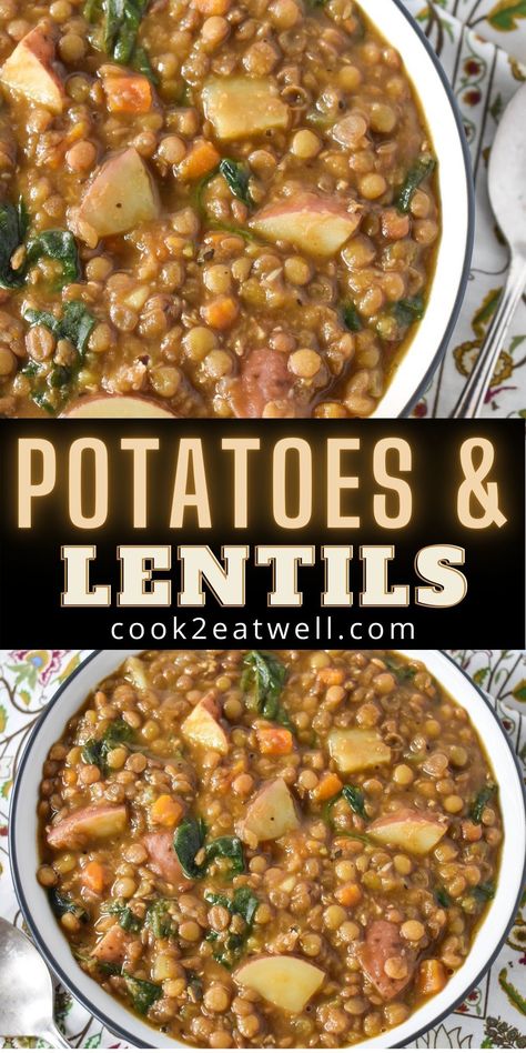 Lentil Soup With Pasta, Lentil Stew With Mashed Potatoes, Lentil Potato Stew, Lentil Potato And Carrot Patties, Lentils Potatoes Carrots, Potato And Lentil Recipes, Trader Joes Lentil Soup Recipe, Winter Lentil Soup, Butternut Squash And Lentils Recipes