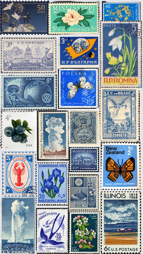 #blue #stamps Collage Wall Prints Aesthetic Blue, Stamps Aesthetic, Blue Shuffle, Stamps Wallpaper, Stamp Wallpaper, Shuffles Ideas, Postage Stamps Collage, Stamp Collage, Wallpapers Blue