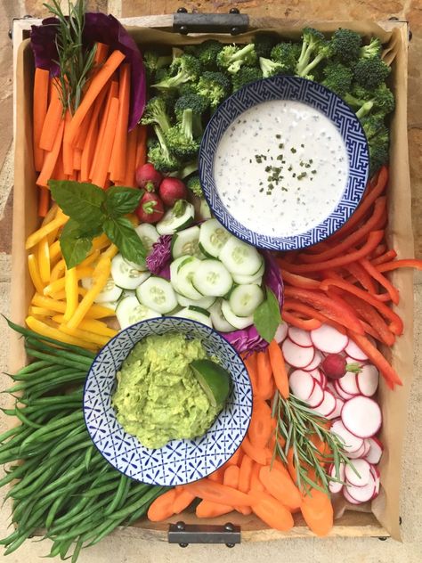 vegetable tray for a party with homemade ranch and avocado dip Dairy Free Ranch Dressing, Vegetable Tray, Vegetable Platter, Avocado Dip, Homemade Ranch, Party Trays, Veggie Tray, Party Platters, Fruit Platter