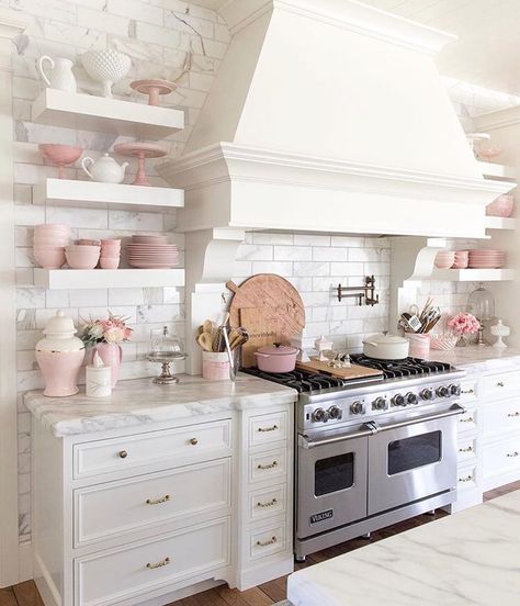 || ABSOLUTE KITCHEN ENVY || •#marblemadness and all the pink details• 📷: @homewithhollyj Sanctuary Home Decor, Sanctuary Home, Glass Kitchen Cabinets, Extra Space Storage, Mudroom Design, Space Storage, Farmhouse Exterior, Pantry Design, Modern Farmhouse Kitchens