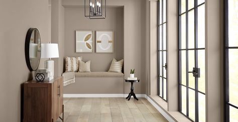 Brown Natural Nook | Classic, Cozy & Inviting Hallway | Behr Interior Paint Behr, Behr Color Palette For Home, Behr Color Palettes, Color Palette For Home, Entryway Colors, Hallway Paint Colors, Hallway Paint, Beige Paint Colors, Behr Colors