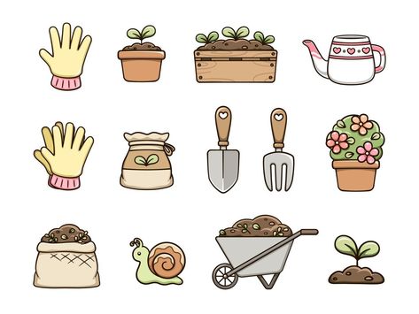 Gardening clipart set. Potted plants, garden items and planting tools. Cute spring summer digital stickers cartoon illustration. Potted Plants Garden, Earth Overshoot Day, Gardening Clipart, Gardening Illustration, Garden Stickers, Cartoon Garden, Silent Running, Plant Cartoon, Garden Clipart