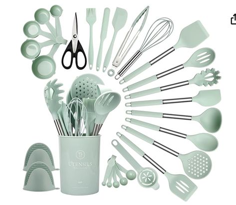 QMVESS Silicone Kitchen Utensil Set, 28 Pcs Non-Stick Cooking Utensils Set with Holder, Tongs, Spatula, Whisk, Measuring Cups and Spoons Set with Stainless Steel Handle Kitchen Gadgets (Light Green) Green Kitchen Utensils, Silicone Cooking Utensils, Measuring Cups And Spoons, Plastic Utensils, Silicone Kitchen Utensils, Spoons Set, Silicon Utensils, Utensils Set, Tongs Kitchen